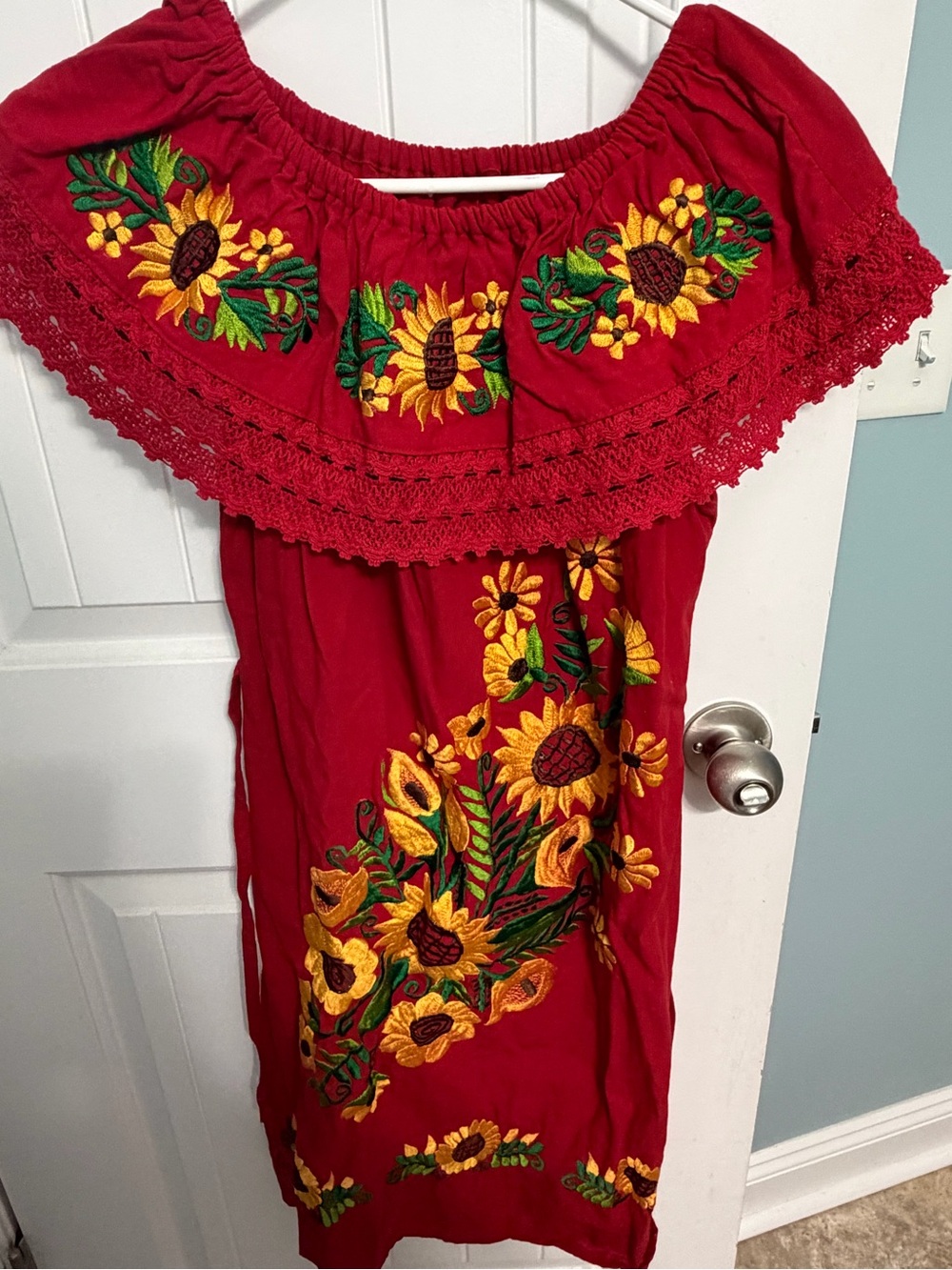 Red Embroidered Off-Shoulder Sunflower Dress